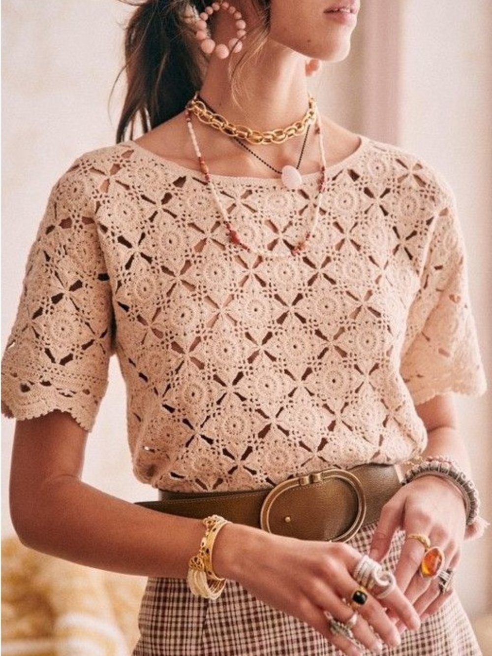 Sezane Crochet Lace Short Sleeve Top in Beige